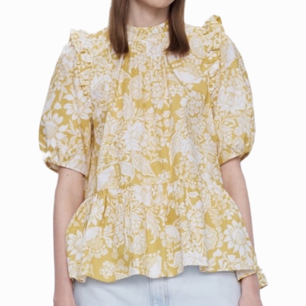 Zara Floral‎ High Neck Ruffle Blouse Top Small